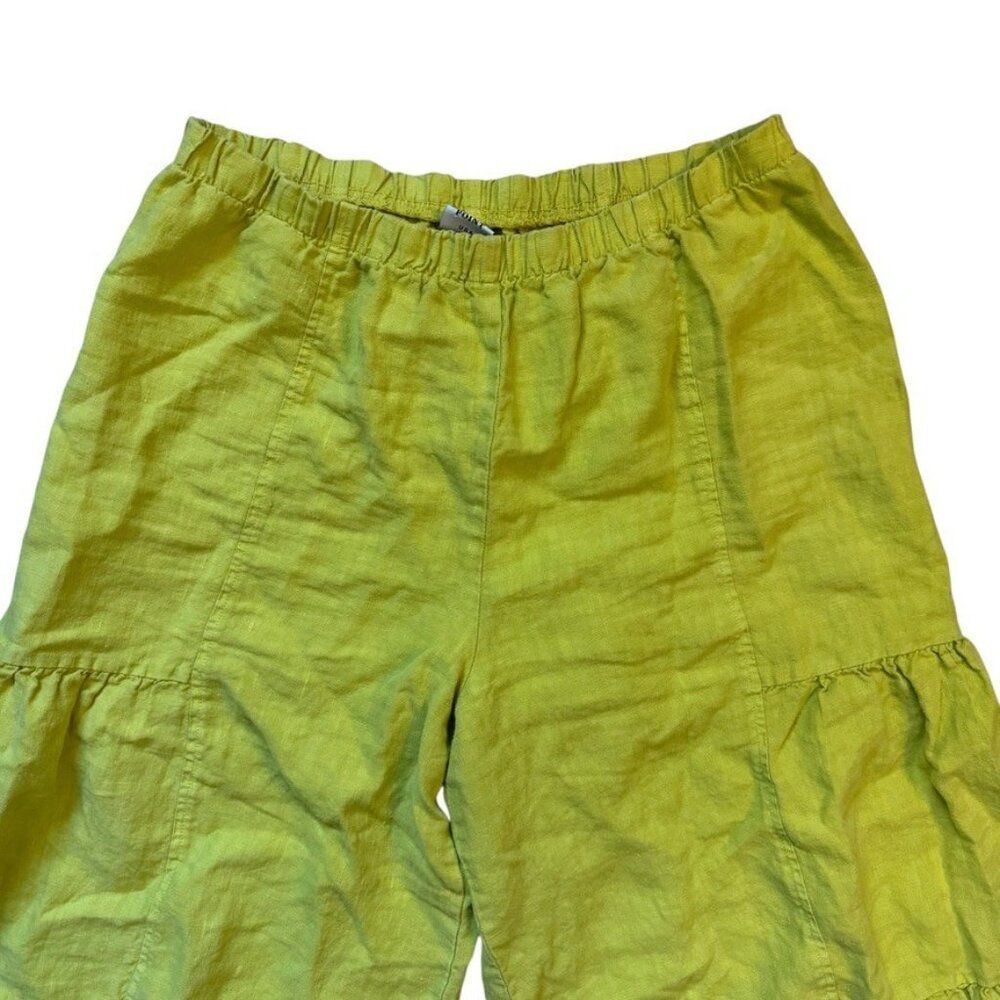 Match Point Green Yellow 100% Linen High Waisted Pleated Wide Leg Pants Trousers - Picture 4 of 5